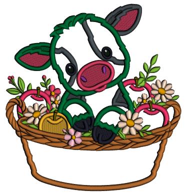 Little Baby Cow Sitting In the Basket Full of Apples Appliqué Machine Embroidery Design Digitized Pattern
