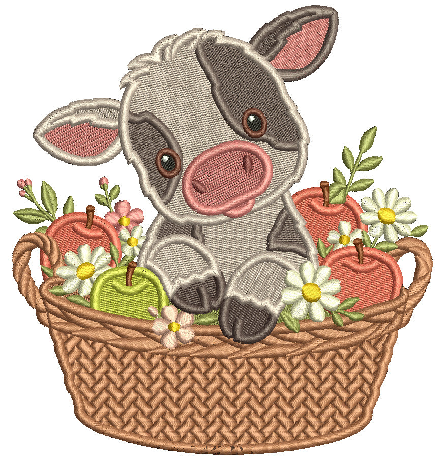 Little Baby Cow Sitting In the Basket Full of Apples Filled Machine Embroidery Design Digitized Pattern