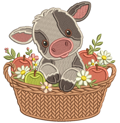 Little Baby Cow Sitting In the Basket Full of Apples Filled Machine Embroidery Design Digitized Pattern