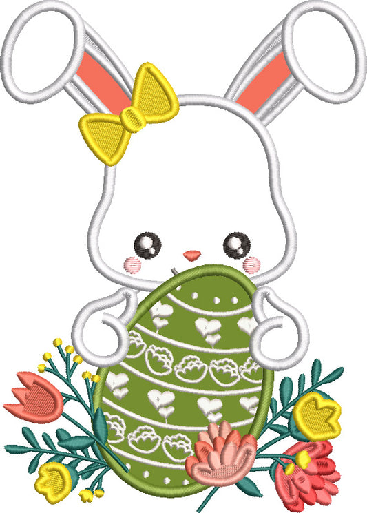 Little Bunny Holding Easter Egg With Flowers Applique Machine Embroidery Design Digitized Pattern