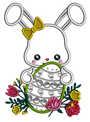 Little Bunny Holding Easter Egg With Flowers Applique Machine Embroidery Design Digitized Pattern