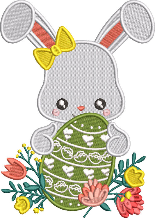 Little Bunny Holding Easter Egg With Flowers Filled Machine Embroidery Design Digitized Pattern