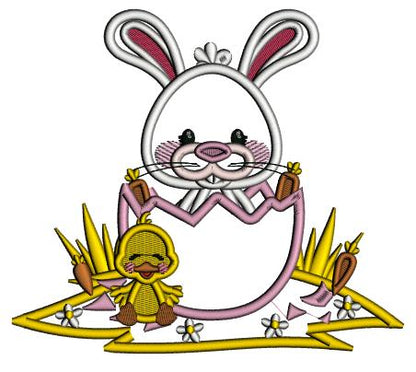 Little Bunny Sitting Inside Easter Egg With Baby Duck Applique Machine Embroidery Design Digitized Pattern