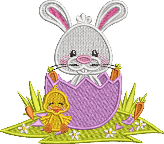 Little Bunny Sitting Inside Easter Egg With Baby Duck Filled Machine Embroidery Design Digitized Pattern