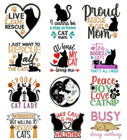 🐱Love Cats Power Pack #1 – 24 Cat-Themed Machine Embroidery Designs (12 Filled + 12 Appliqué)