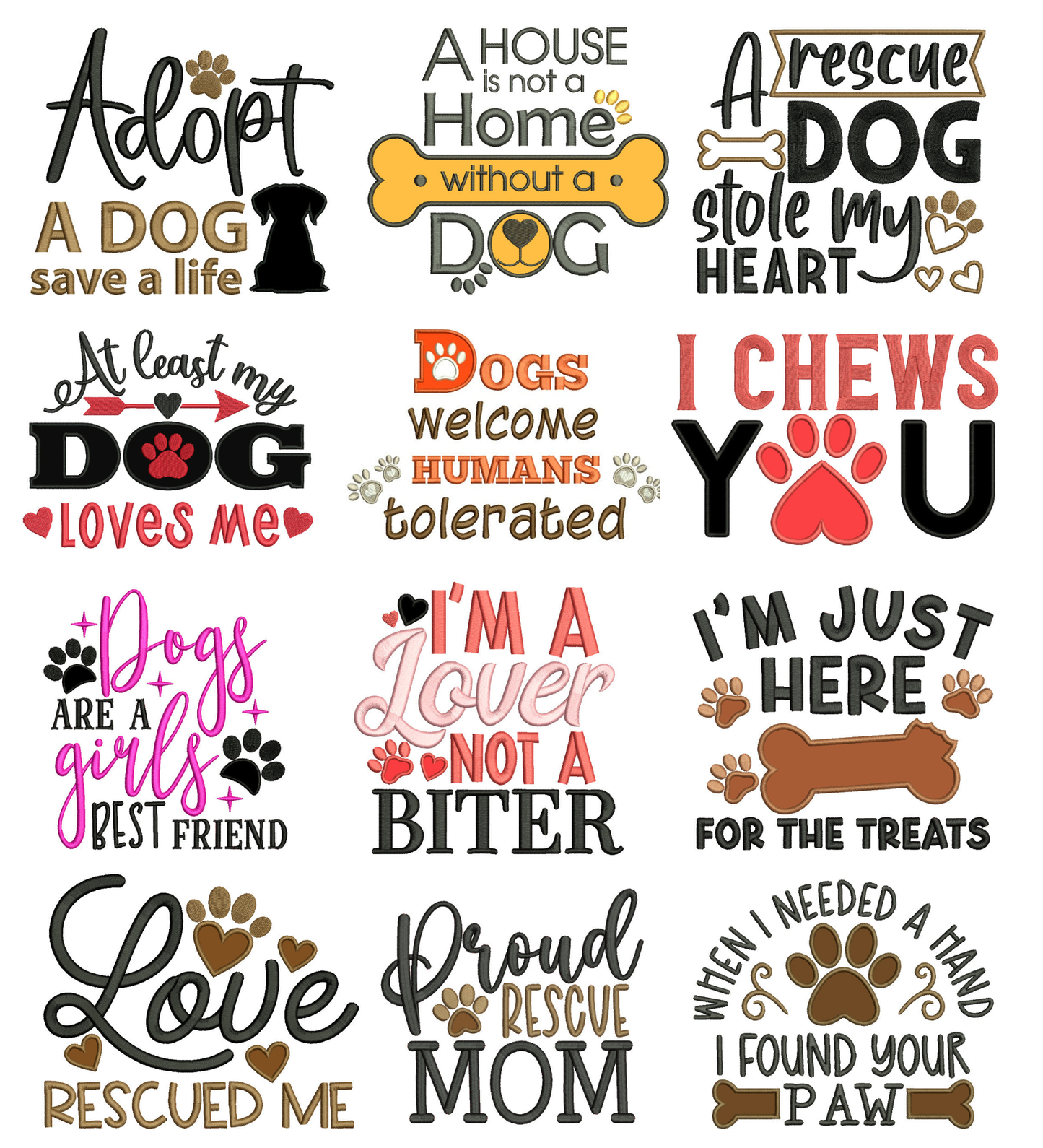 🐾✨ Love Dogs Power Pack #1 – 24 Dog-Themed Machine Embroidery Designs (12 applique and 12 filled in designs)