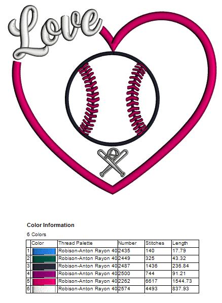⚾❤️ Love Baseball Heart – Applique Machine Embroidery Design ❤️⚾