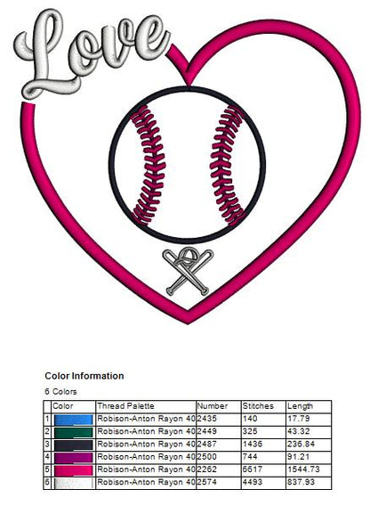 ⚾❤️ Love Baseball Heart – Applique Machine Embroidery Design ❤️⚾