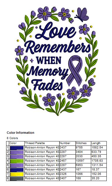 Love Remembers When Memory Fades Filled Machine Embroidery Design Digitized Pattern