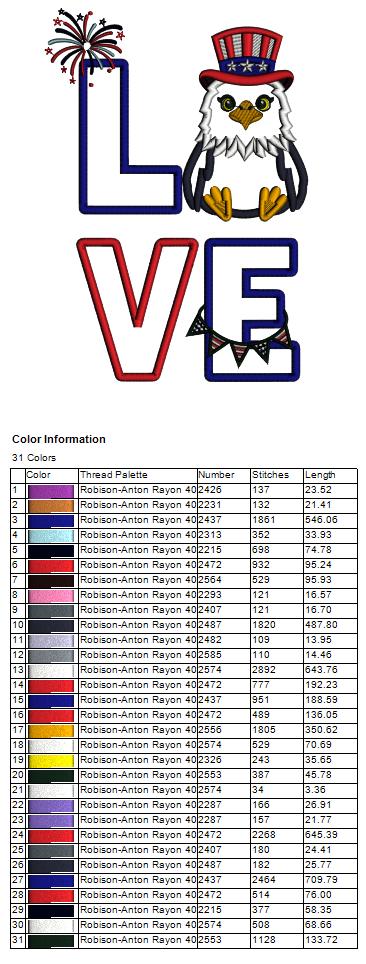 🦅🇺🇸 Love American Bold Eagle – Patriotic 4th of July Filled Machine Embroidery Design 🇺🇸🦅