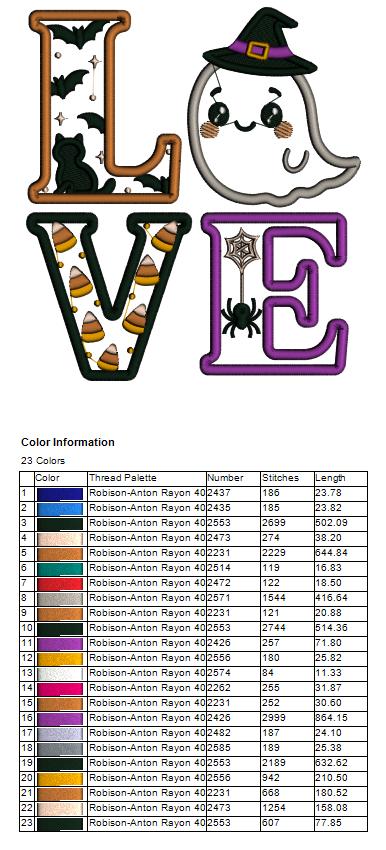 Ghost Witch LOVE Halloween Applique Machine Embroidery Design