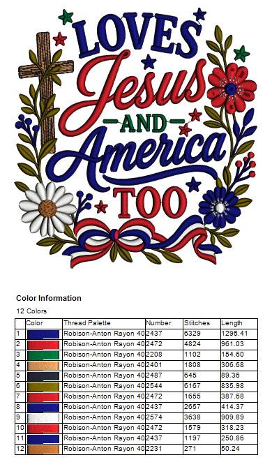 Loves Jesus and America Too Cross with Flowers Religious Patriotic Filled Machine Embroidery Design Digitized Pattern