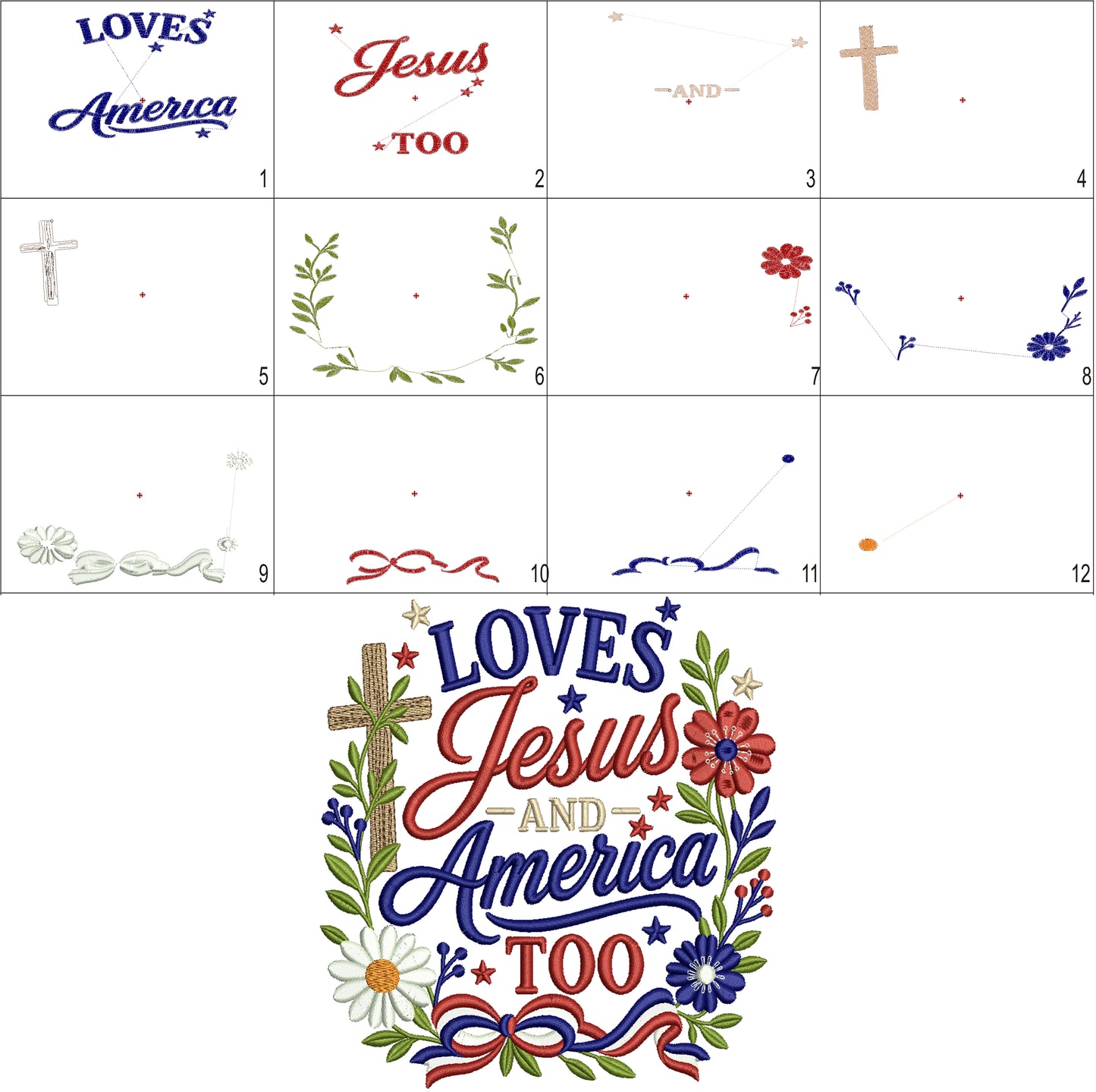 Loves Jesus and America Too Cross with Flowers Religious Patriotic Filled Machine Embroidery Design Digitized Pattern