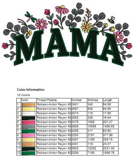 Mama With Flowers Filled Machine Embroidery Design Digitized Pattern