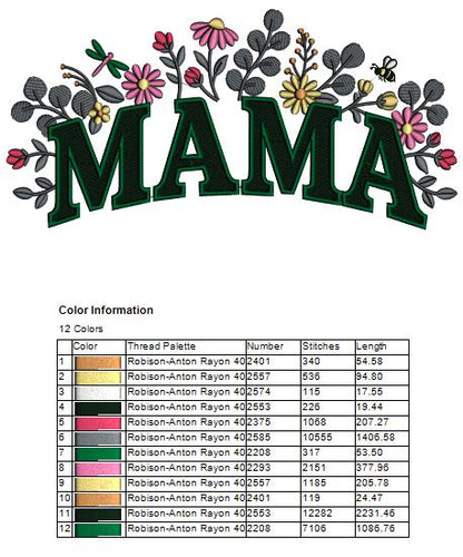 Mama With Flowers Filled Machine Embroidery Design Digitized Pattern