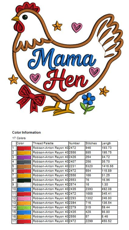 Mama Hen Cute Chicken With Stars, Hearts, and Flowers Appliqué Machine Embroidery Design Digitized Pattern