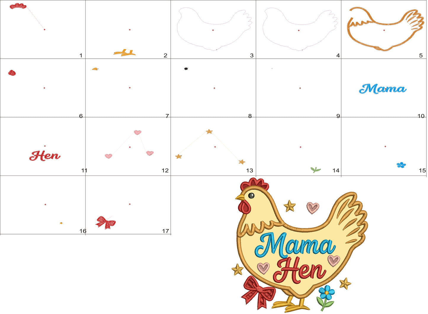 Mama Hen Cute Chicken With Stars, Hearts, and Flowers Appliqué Machine Embroidery Design Digitized Pattern