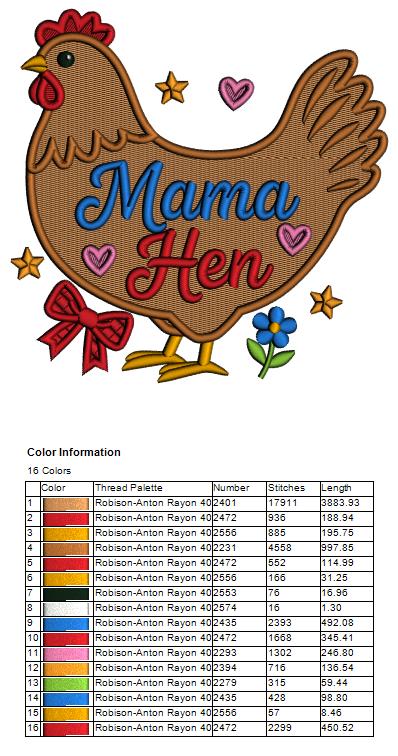Mama Hen Cute Chicken With Stars, Hearts, and Flowers Filled Machine Embroidery Design Digitized Pattern