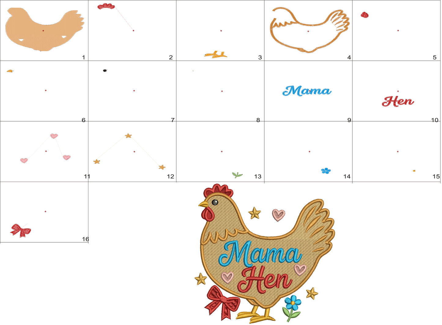 Mama Hen Cute Chicken With Stars, Hearts, and Flowers Filled Machine Embroidery Design Digitized Pattern