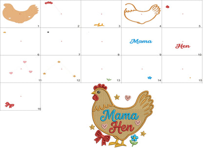 Mama Hen Cute Chicken With Stars, Hearts, and Flowers Filled Machine Embroidery Design Digitized Pattern