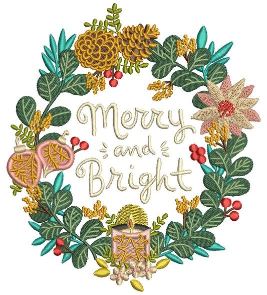 Merry And Bright Floral Wreath Filled Machine Embroidery Design Digitized Pattern