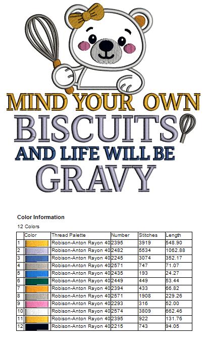 Mind Your Own Biscuits and Life Will Be Gravy Cute Bear Cooking in the Kitchen Funny Sarcastic Saying Appliqué Machine Embroidery Design Digitized Pattern