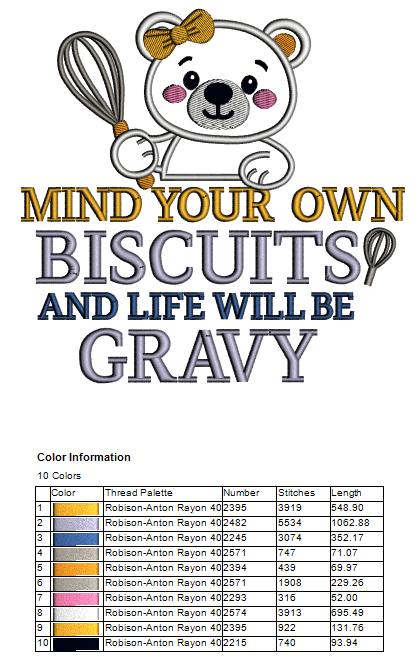 Mind Your Own Biscuits and Life Will Be Gravy Cute Bear Cooking in the Kitchen Funny Sarcastic Saying Filled Machine Embroidery Design Digitized Pattern