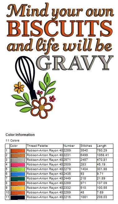 Mind Your Own Biscuits and Life Will Be Gravy Cooking Saying Applique Machine Embroidery Design Digitized Pattern