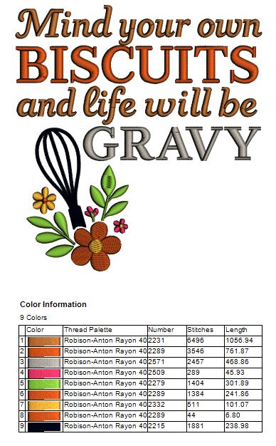 Mind Your Own Biscuits and Life Will Be Gravy Cooking Saying Filled Machine Embroidery Design Digitized Pattern