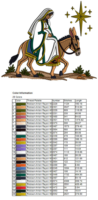 Nativity Scene Mary Mother of Jesus On Donkey Christmas Machine Embroidery Design - Filled
