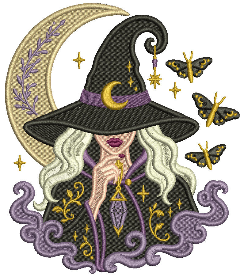 Mystic Moon Witch Halloween Machine Embroidery Design – Filled Pattern