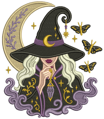 Mystic Moon Witch Halloween Machine Embroidery Design – Filled Pattern