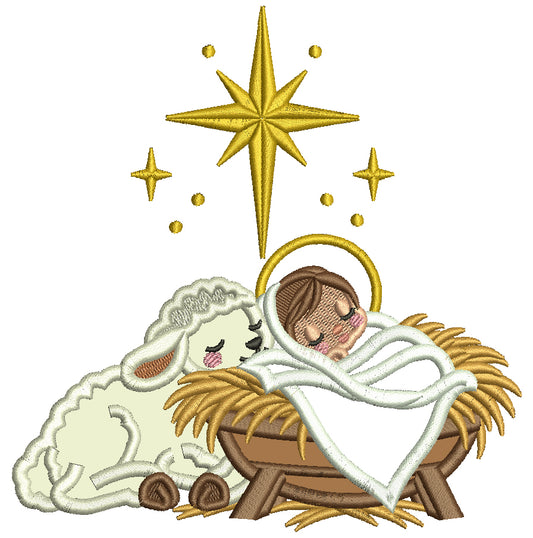 Nativity Scene Baby Jesus In Manger With Lamb Christmas Machine Embroidery Design - Applique