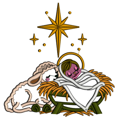 Nativity Scene Baby Jesus In Manger With Lamb Christmas Machine Embroidery Design - Applique