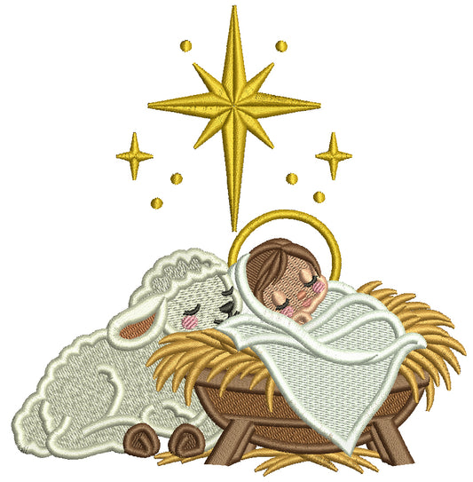 Nativity Scene Baby Jesus In Manger With Lamb Christmas Machine Embroidery Design - Filled