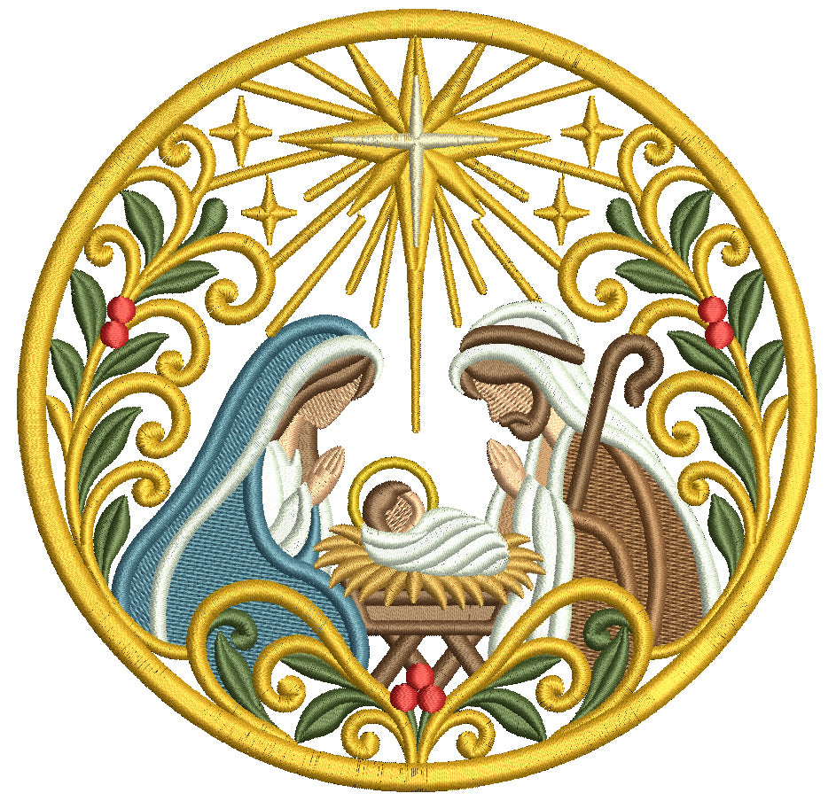Nativity Scene Mary Joseph And Baby Jesus Ornate Circle Christmas Machine Embroidery Design - Filled