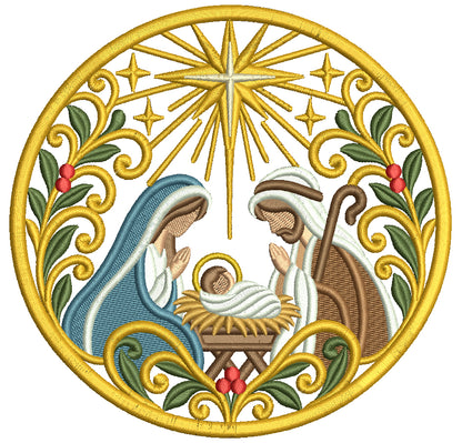 Nativity Scene Mary Joseph And Baby Jesus Ornate Circle Christmas Machine Embroidery Design - Filled