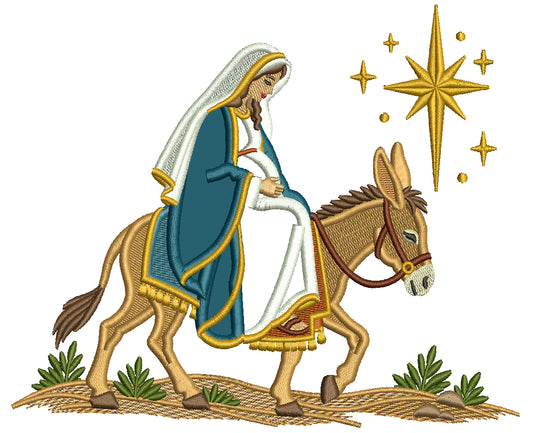 Nativity Scene Mary Mother of Jesus On Donkey Christmas Machine Embroidery Design - Filled