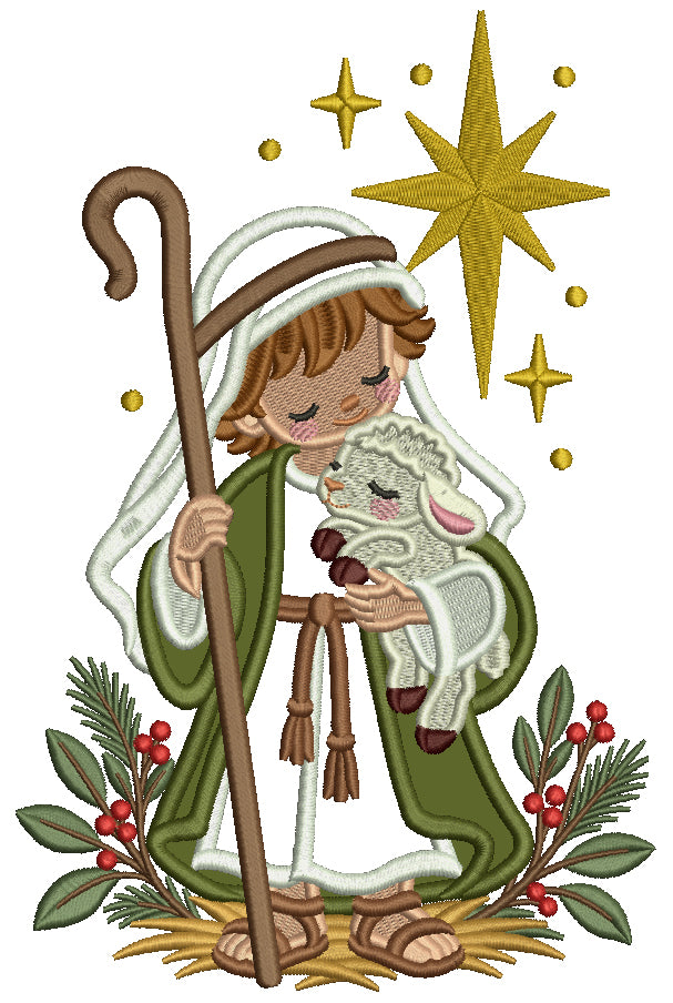 Nativity Shepherd Boy With Lamb and Star of Bethlehem Christmas Machine Embroidery Design - Applique