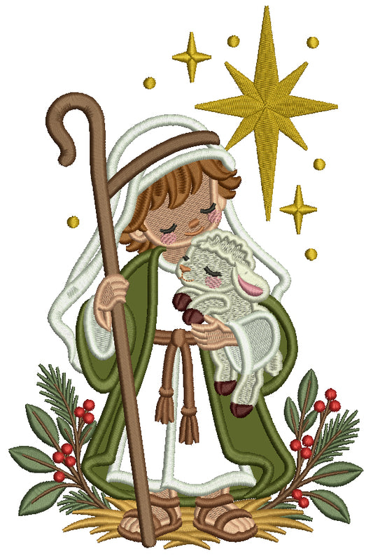 Nativity Shepherd Boy With Lamb and Star of Bethlehem Christmas Machine Embroidery Design - Applique