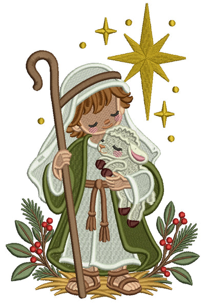 Nativity Shepherd Boy With Lamb and Star of Bethlehem Christmas Machine Embroidery Design - Filled