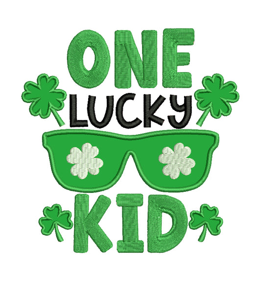 One Lucky Kid Sunglasses St. Patrick's Applique Filled Machine Embroidery Design Digitized Pattern