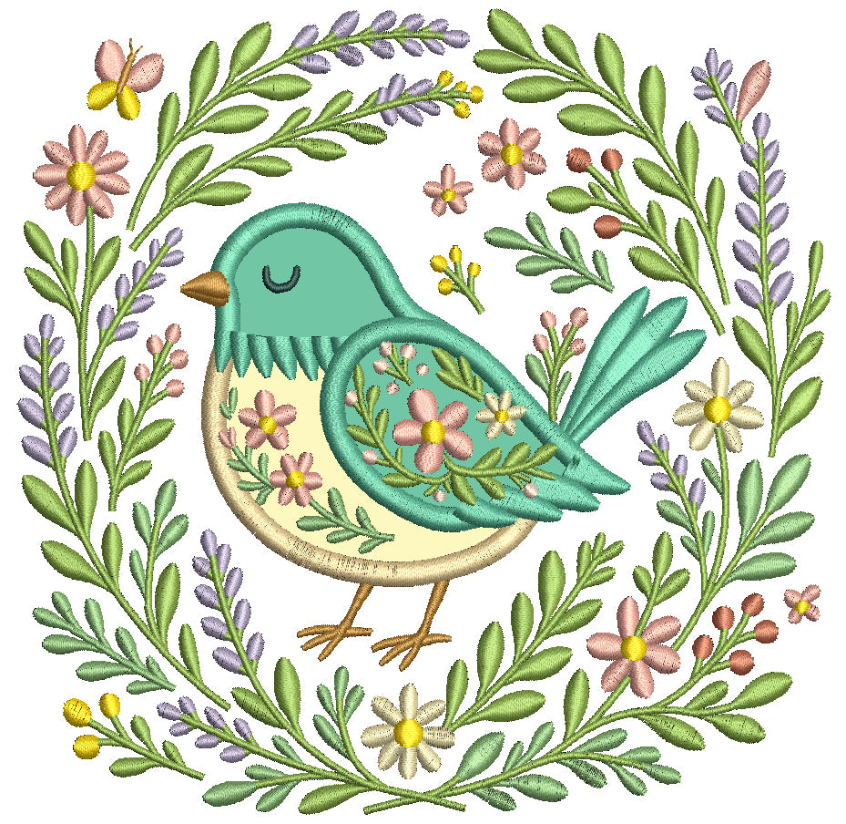 Ornate Bird With Flowers and Butterflies Applique Machine Embroidery Design Digitized Pattern