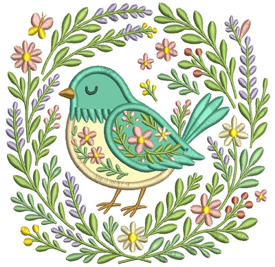 Ornate Bird With Flowers and Butterflies Applique Machine Embroidery Design Digitized Pattern