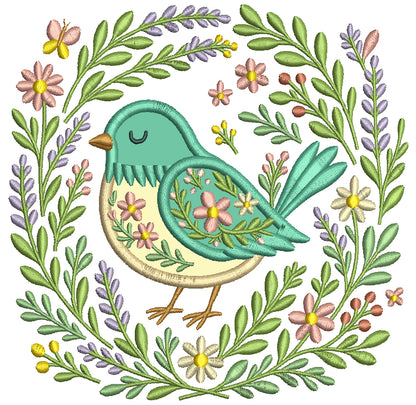 Ornate Bird With Flowers and Butterflies Applique Machine Embroidery Design Digitized Pattern
