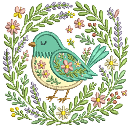 Ornate Bird With Flowers and Butterflies Applique Machine Embroidery Design Digitized Pattern