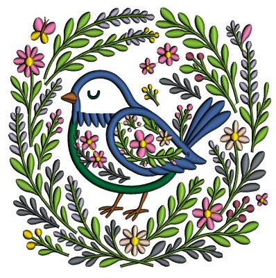 Ornate Bird With Flowers and Butterflies Applique Machine Embroidery Design Digitized Pattern