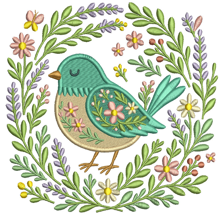 Ornate Bird With Flowers and Butterflies Filled Machine Embroidery Design Digitized Pattern
