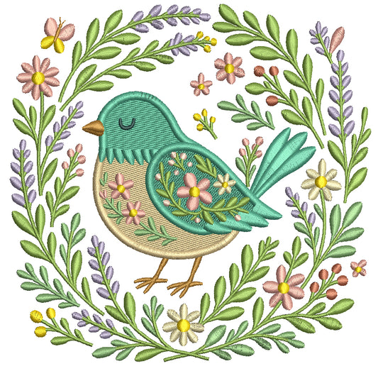 Ornate Bird With Flowers and Butterflies Filled Machine Embroidery Design Digitized Pattern