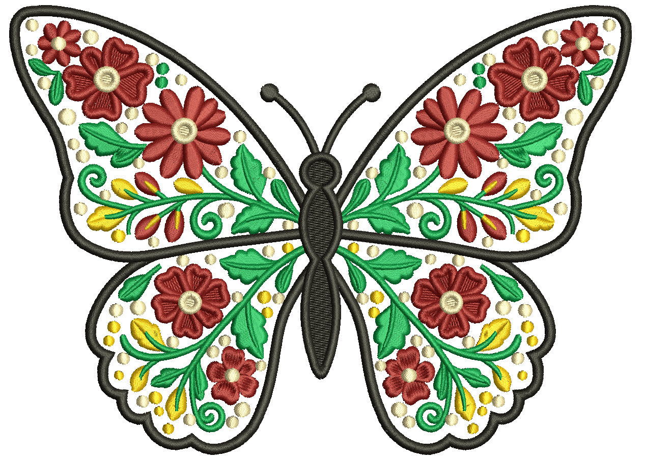 Ornate Butterfly With Flowers Filled Machine Embroidery Design Digitized Pattern